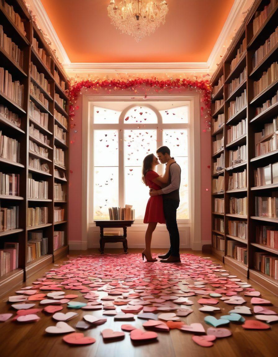 A whimsical scene depicting two lovers exploring a quaint library filled with various romance novels and heart-shaped decorations. Soft, warm lighting highlights their intimate connection as they browse through colorful book covers. Scattered around are floating heart-shaped paper notes with love quotes, enhancing the theme of affection and romance. The background features a cozy, inviting atmosphere that draws the viewer in. vibrant colors. 3D.