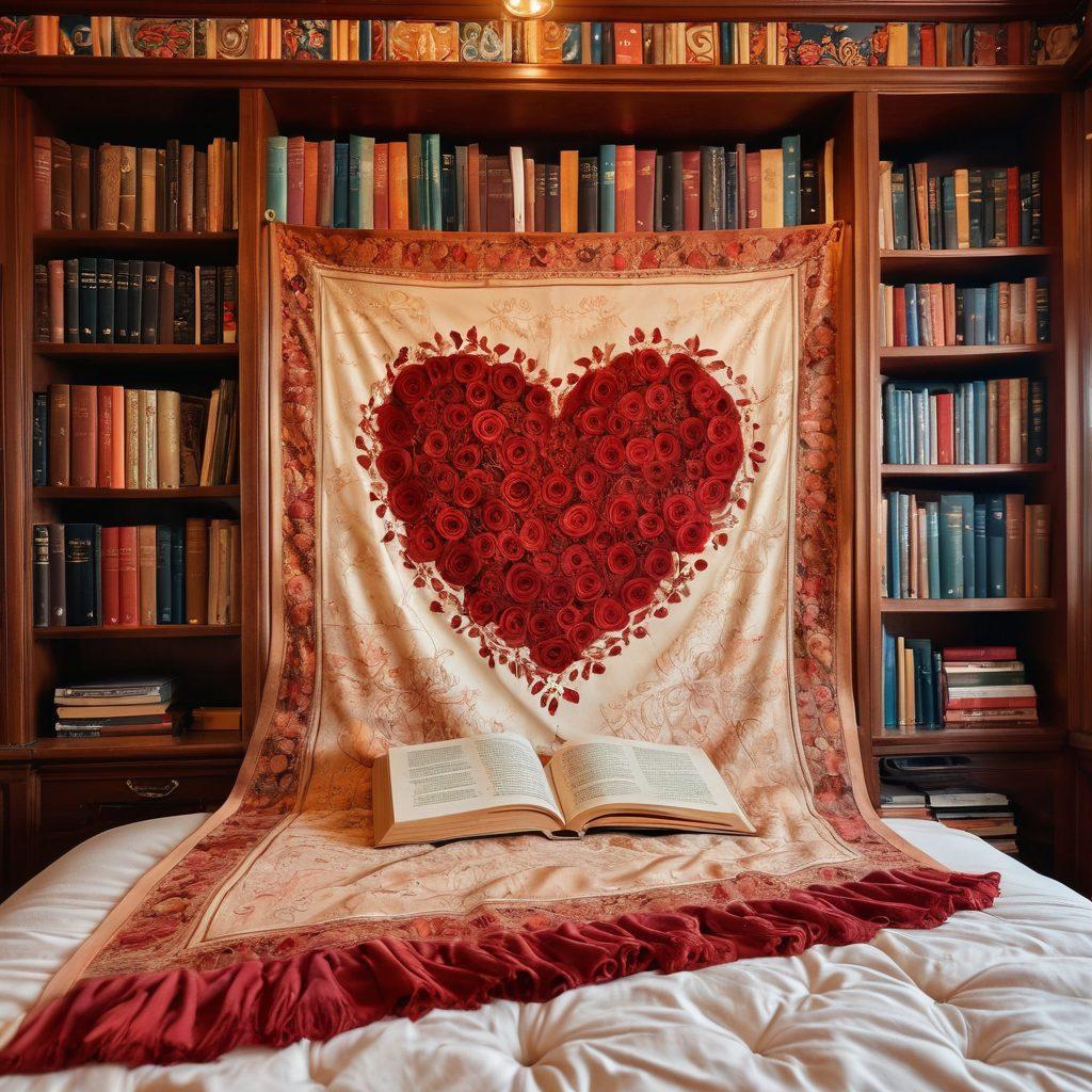 A beautifully intricate tapestry showcasing symbols of romance like hearts, roses, and intertwined hands, with warm colors flowing through the fabric. In the background, a bookshelf filled with classic romance novels and guides, inviting readers to explore. Ethereal light illuminating the scene, highlighting the textures of the tapestry and books. Whimsical and dreamy ambiance that evokes feelings of love and passion. vibrant colors. soft focus. illustration.