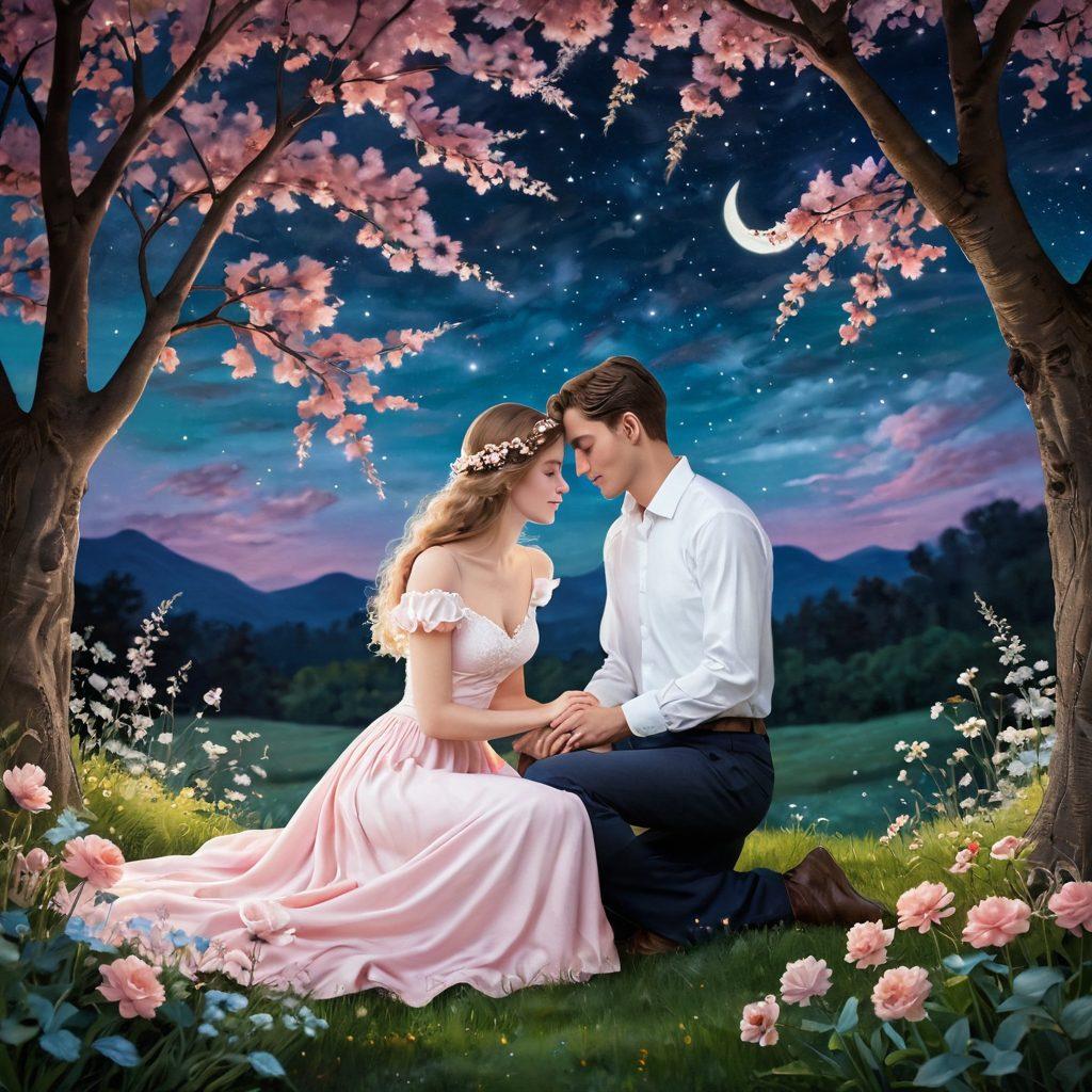 A whimsical scene depicting a serene couple sharing an intimate moment under a starlit sky, surrounded by lush, blooming flowers symbolizing passion and desire. Elements of love letters and intertwined hands can be subtly included to represent romantic discoveries. The setting should be soft and dreamlike, invoking warmth and intimacy, with a gentle light illuminating their faces. pastel colors, magical realism, soft focus.